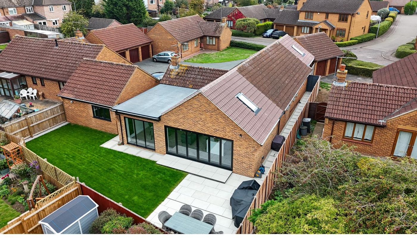 Anthracite aluminium bifold rear extension on a St Neots bungalow
