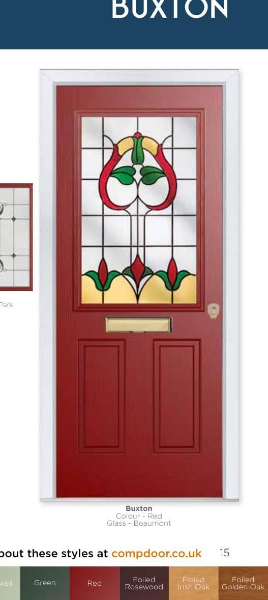 Classic heritage red entrance door with decorative leaded glazing