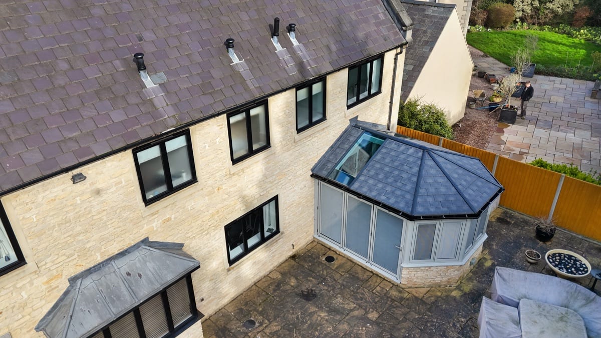 Ultraframe Ultra380 warm tiled conservatory roof viewed from above on a Peterborough home